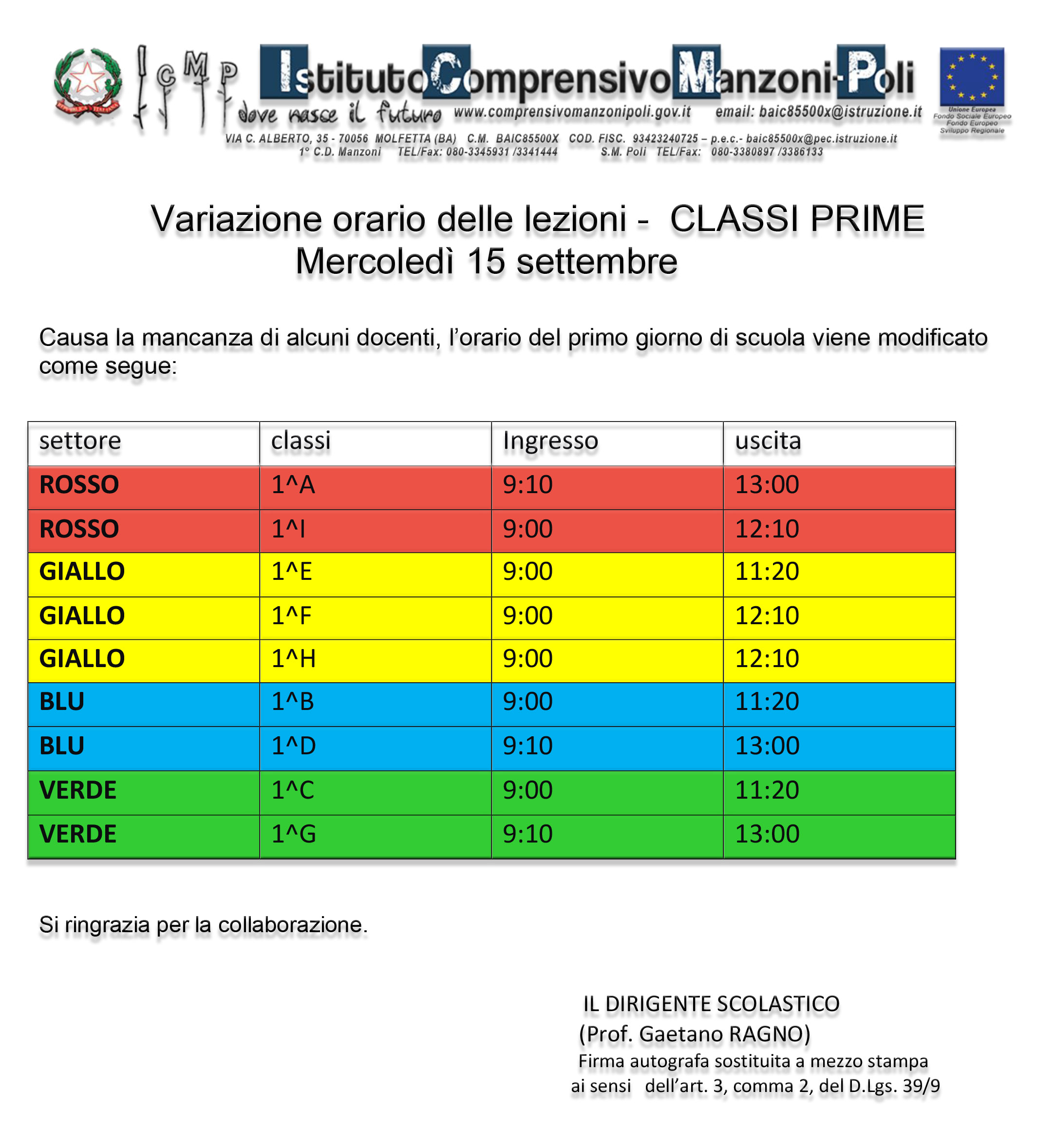 INFO ORARIO 15 SETTEMBRE SM